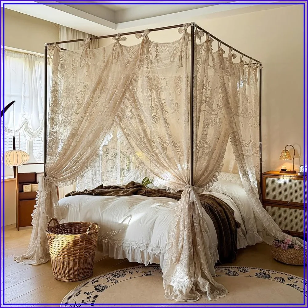 Elegant Lace Princess Mosquito Net Bed Canopy for Girls Women Wedding Decor (Cream, California King)