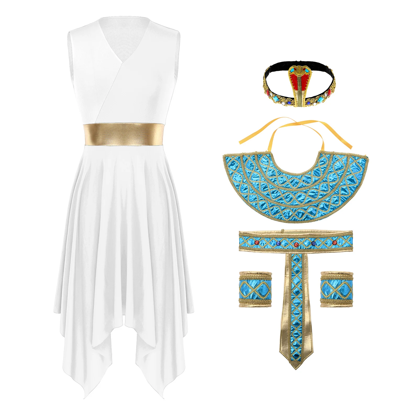 

Cleopatra Egyptian Queen Outfit Lady Dress Snake-head Hat Neck Collar Waist Belt and Wristbands Egyptian Pharaoh Cosplay Costume