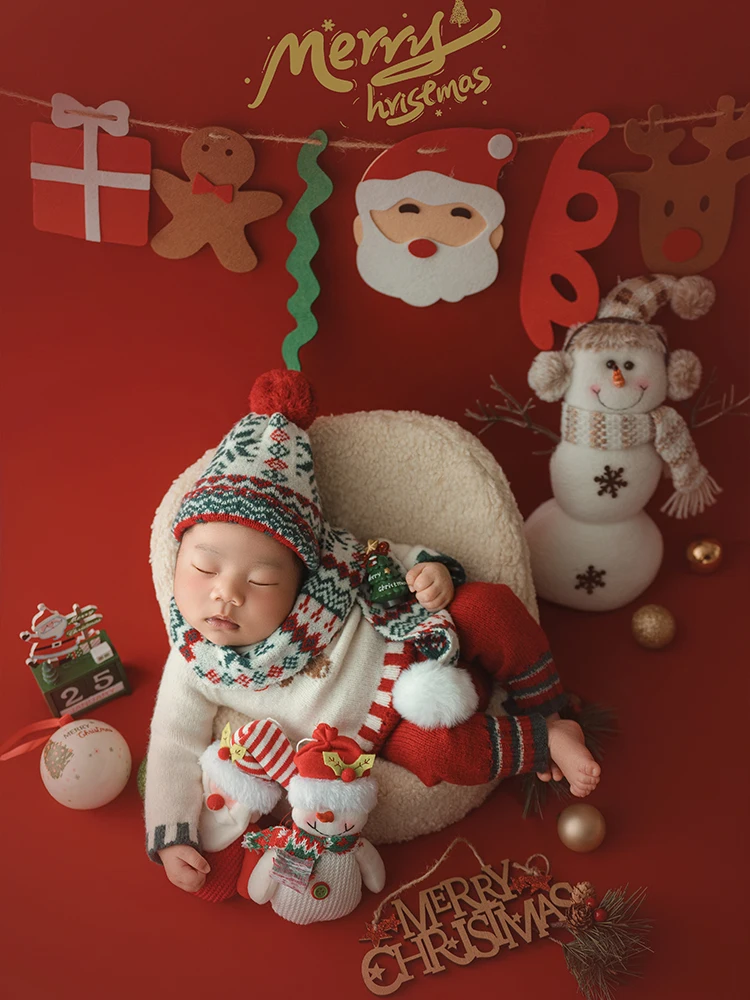 Newborn Winter Holiday Photography Props Bundle Nordic Knit Baby Costume Santa Snowman Props Xmas Props for Baby Photo Sessions
