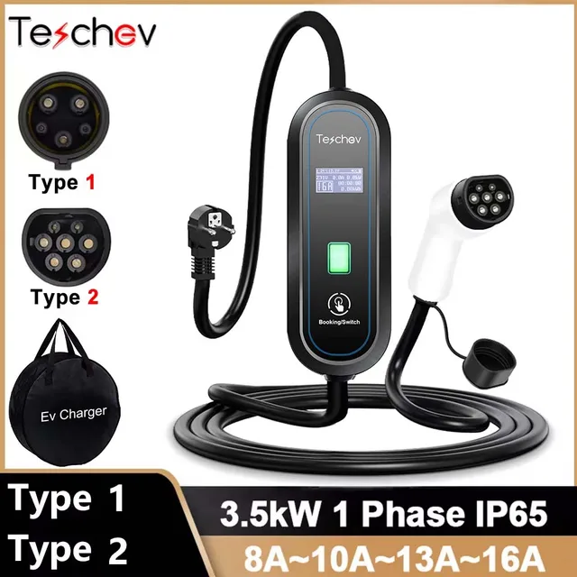 Teschev 220V 230V J1772 Type1 EV chargeur 3.5kW Type2 câble de charge Portable 16A EVSE Station de charge pour véhicules électriques 1