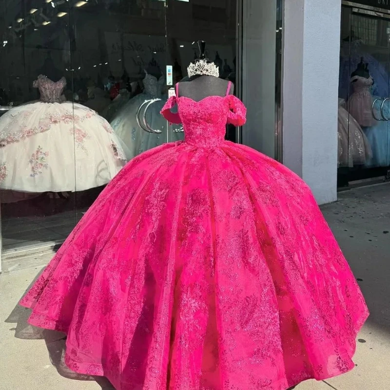 

Watermelon Red Off Shoulder Quinceanera Dresses Vestidos De 15 Quinceañera Luxury Lace Sequins Sweet 16 Ball Gown Prom Dresses