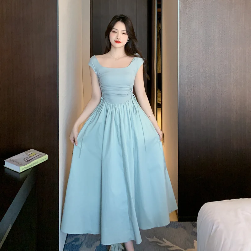 Blue Strapless Summer Dress Women's Square Collar Slimming Vacation Beautiful Long Dress French Style Drawstring Waist A-Line...