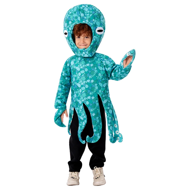 

Child Christmas Squid Cosplay Costume Halloween Party Supply For Kids Hood Tunic Outfit Boys Blue Octopus