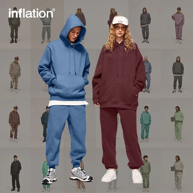 INFLATION 350gsm Thick Vlevet Tracksuit Unisex 2023 Trendy Solid Color Jogging Suit Mens Blank Matching Fleece Sweatpant Set