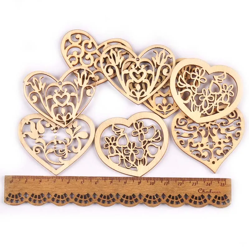 10Pcs Mixed Hollow Lace Heart Wooden Crafts Supplies Pendant For Scrapbook DIY Drop Hanging Ornaments Home Decor 44x54mm M2714