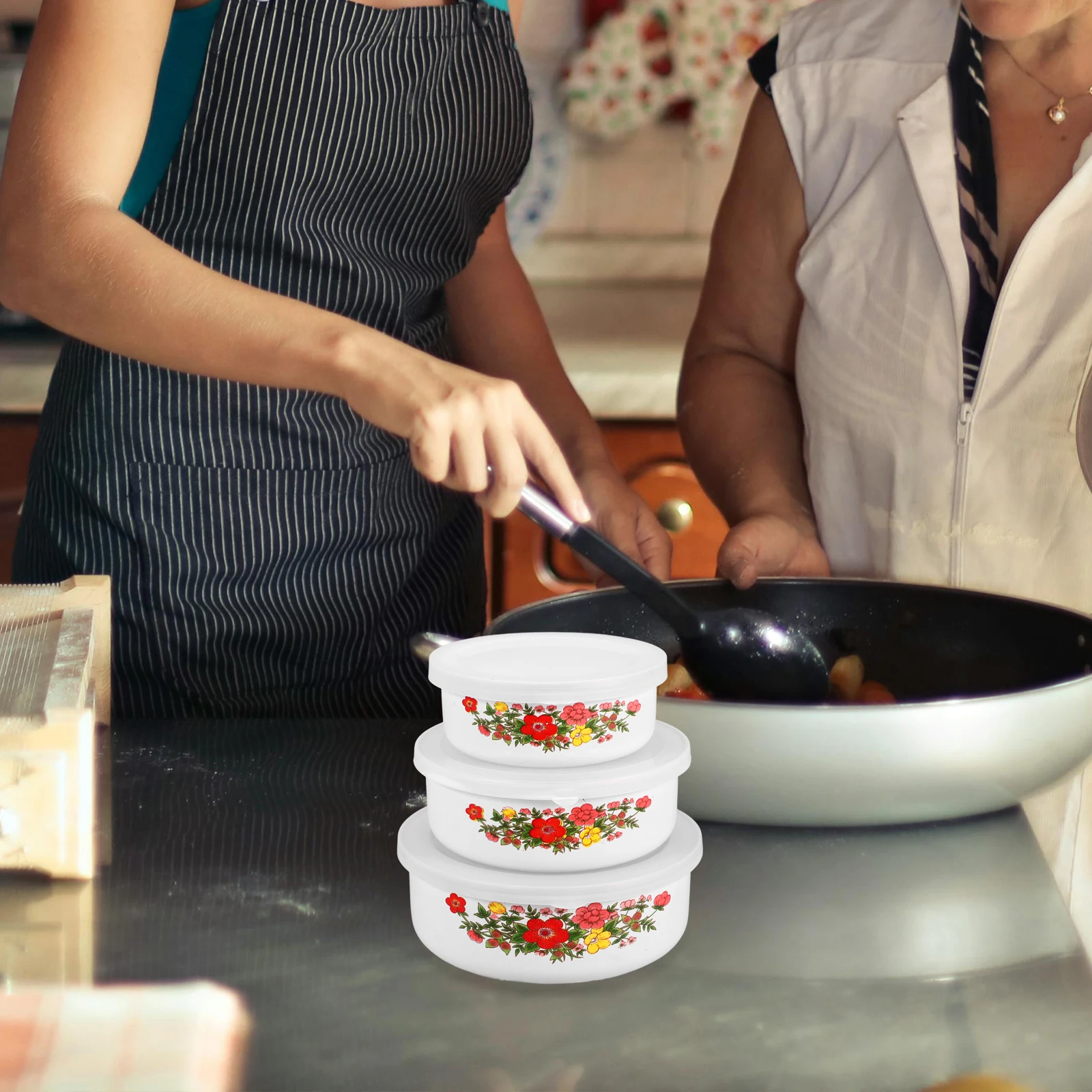 

3Pcs Enamel Bowl Set Multipurpose Food Preservation Bowls Soup Salad Rice Noodle Serving Bowls Multifunctional Bowl