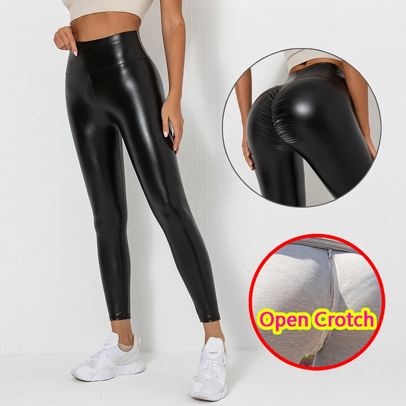 Woman Sexy Leather Open Crotch Leggings Flash PU Black Long Hot Pant Zipper Booty Lift Couple Sex Game Erotic Elastic High Rise