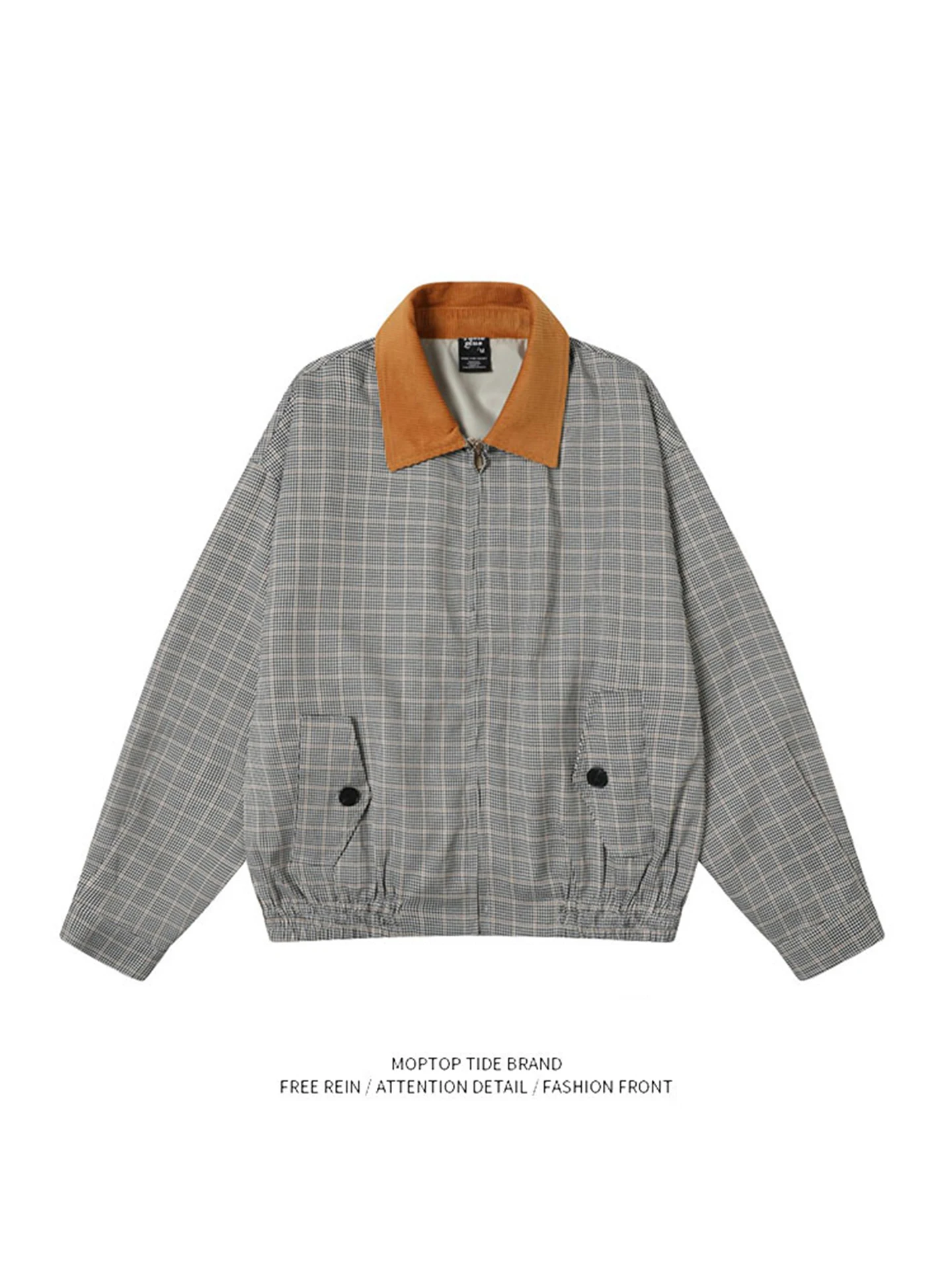 

Retro American Plaid Color Blo Collar Jaet Men's Casual Commute Couple Workwear Outerwear Loose Fit Spring Autumn