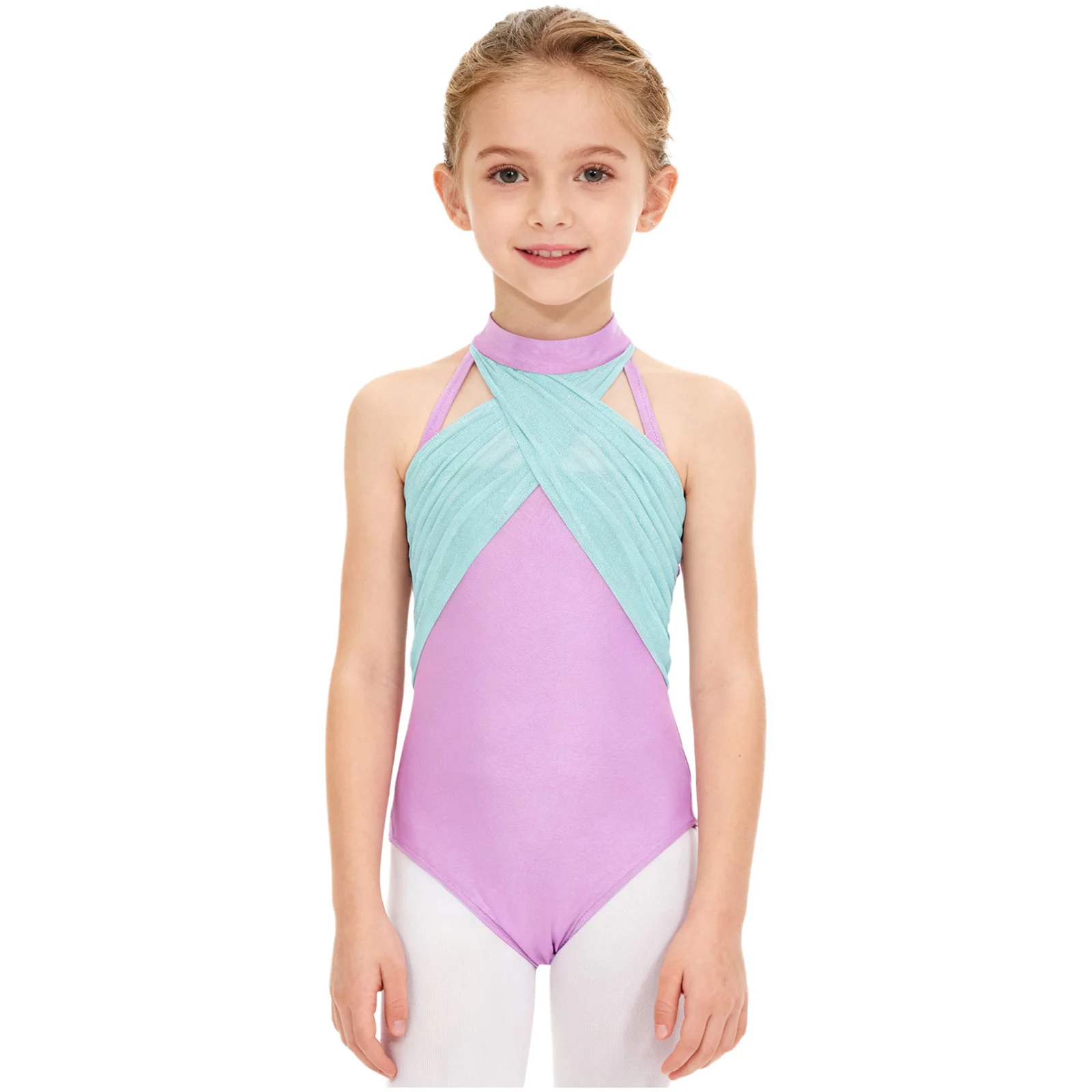 Enfants filles patinage lyrique gymnastique danse justaucorps col montant sans manches dentelle Patchwork découpe dos body Ballet Dancewear