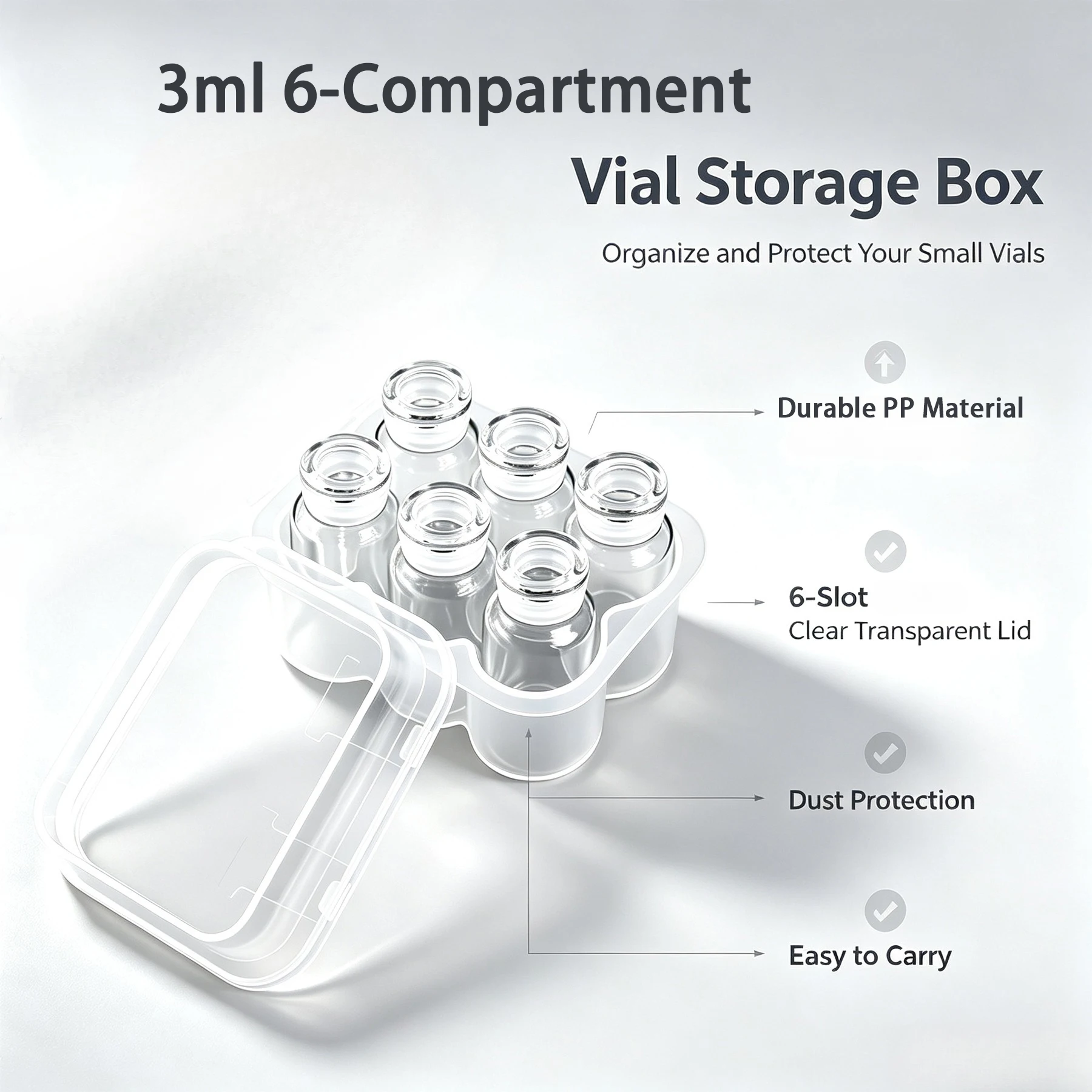 15/10/5 Packungen 6-Fach Klare Kunststoff-Aufbewahrungsbox Staubdichter Organizer für 3ml Peptid-Injektionsfläschchen Transparent Medica – Detail 6