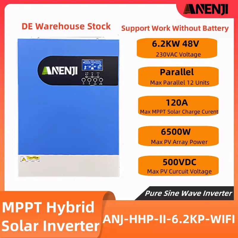 Hybrid Solar Inverter 6.2KW Parallel 48V 120A MPPT Solar Charger Pure Sine Wave 500VDC PV Off-Grid Inverter Work Without Battery