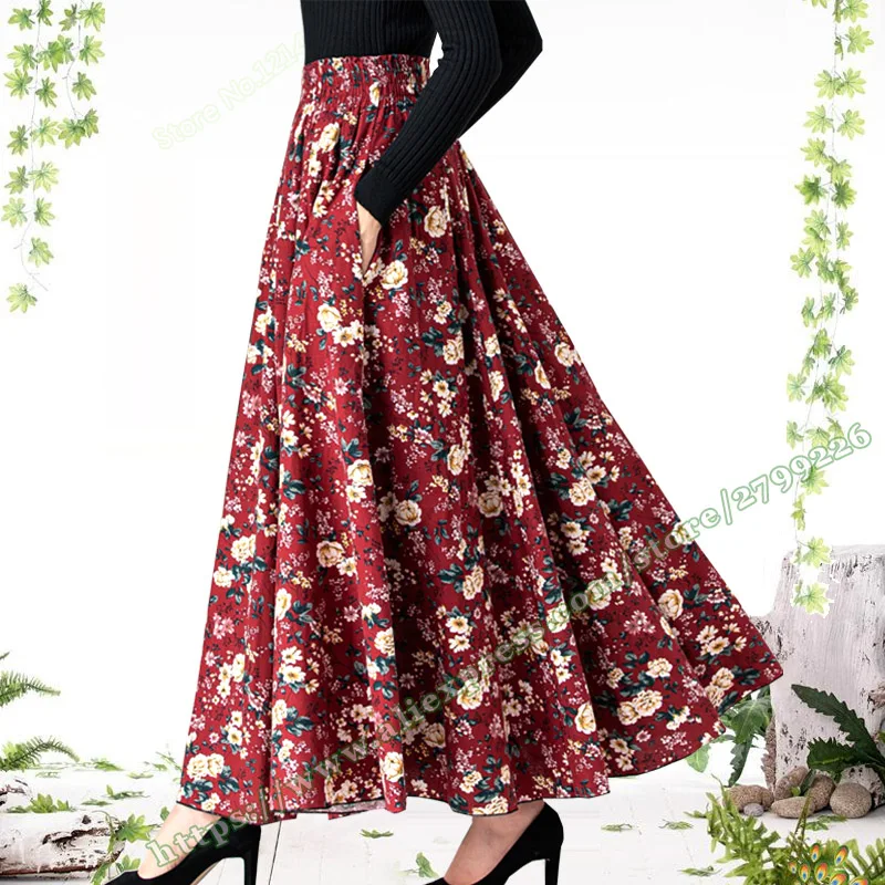 Female Plus Size 7XL 8XL Red Floral Autumn Pastoral Vintage Retro Casual Elegant Maxi A-line Ladies Long Skirts with Womens 2022