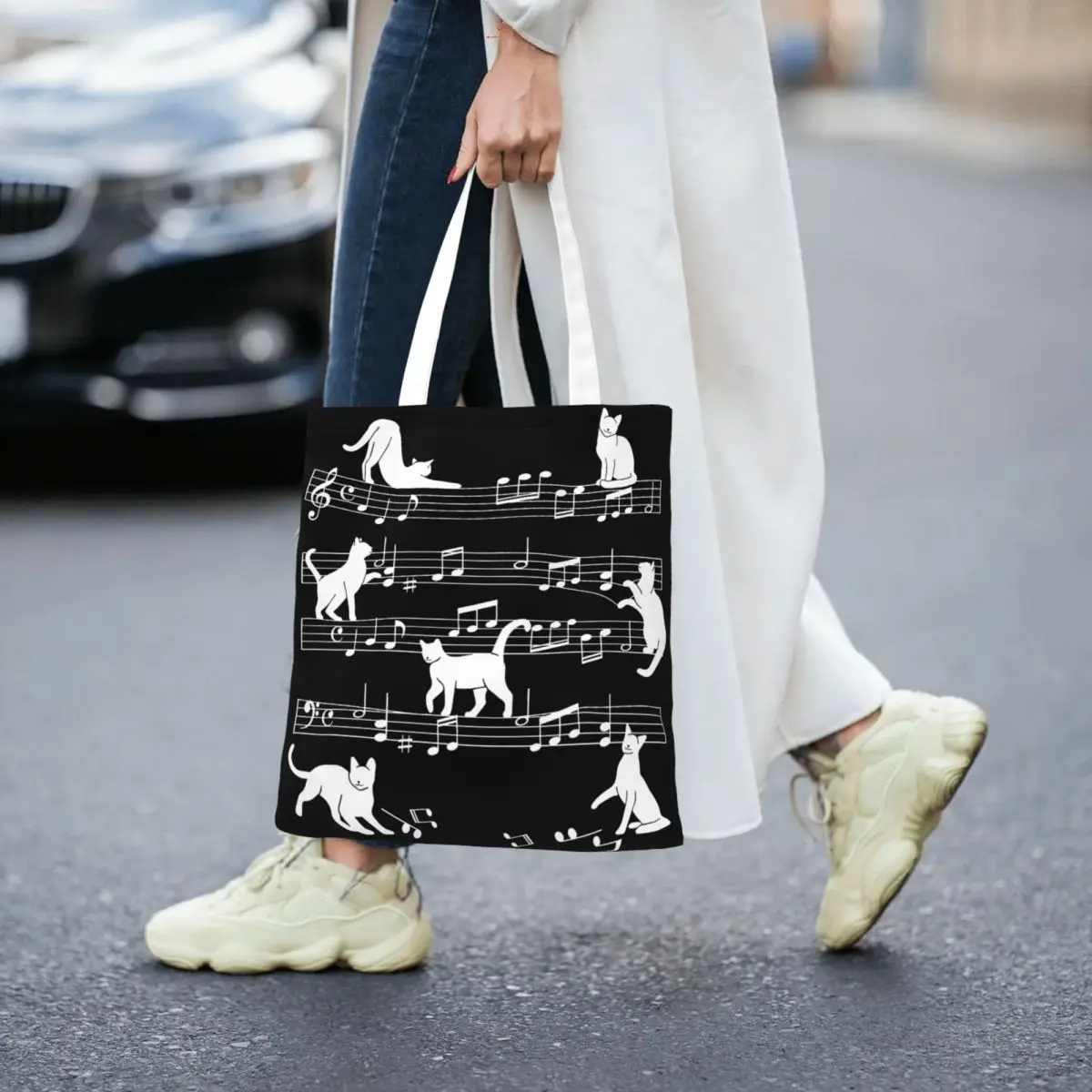 Cat Playing With Musical Notes Canvas Tote Bag Eco-Friendly Large Capacity Shopping Bag for Unisex Musical Cats Student Bags