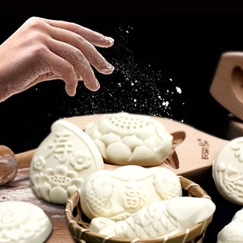 Mooncake Molds Chinese Traditional Mid-autumn Festival Moon Cakes Moulds 7 Different Pattern Shape Wooden Handmade Molds