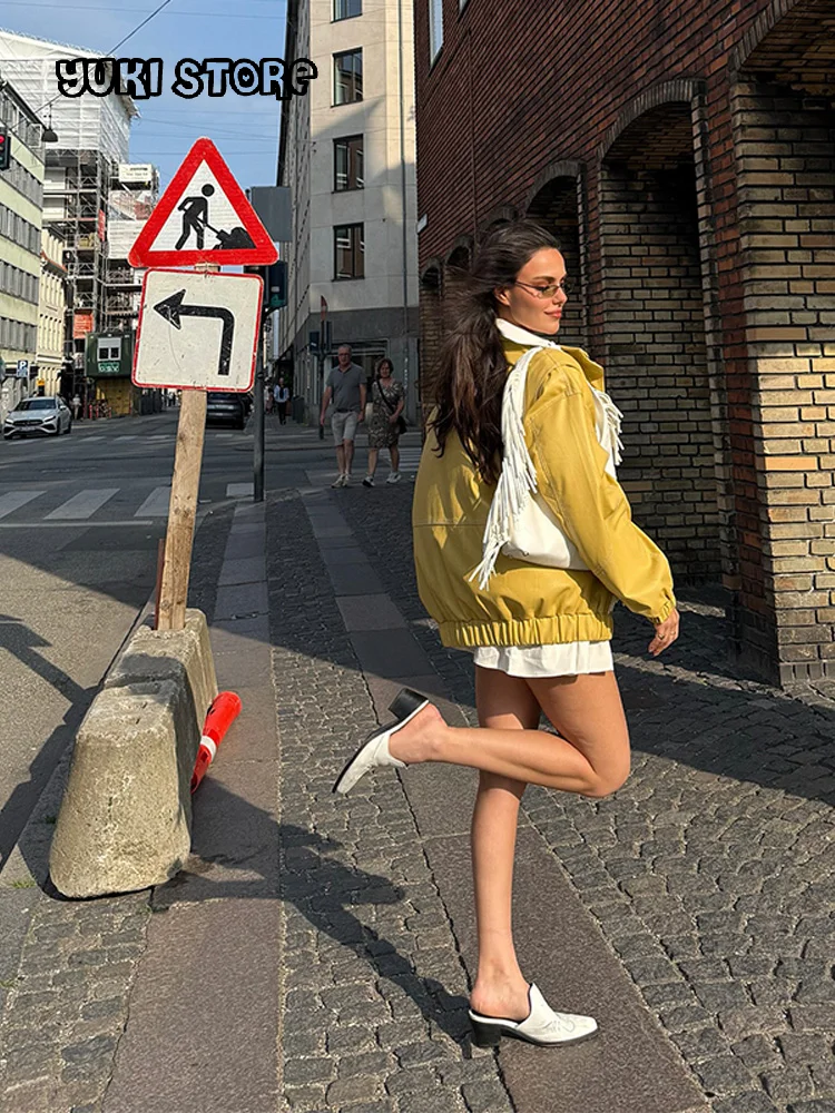 

Casual Solid Ziper Short Leather Jacket Women Stand Collar Full Sleeve Loose Jackets Female 2025 Autumn New Lady Street Coats