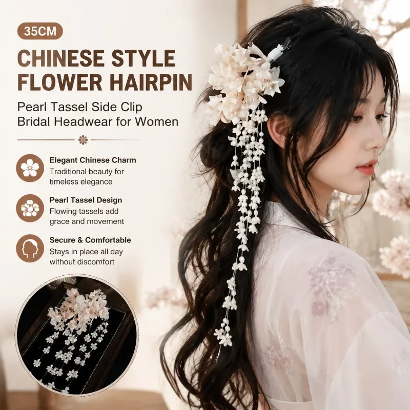 Chinesischer Stil Blumen-Haarnadel mit Perlenquaste, seitlicher Haarclip, Braut-Kopfschmuck für Damen