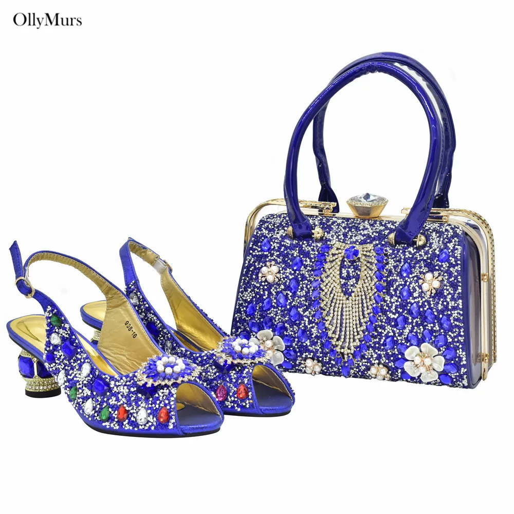 

New Arrival Rhinestone Woman Sandal Shoes With Purse Set Summer Style Pumps Shoes And Bag Set For Party Large Size 37-43