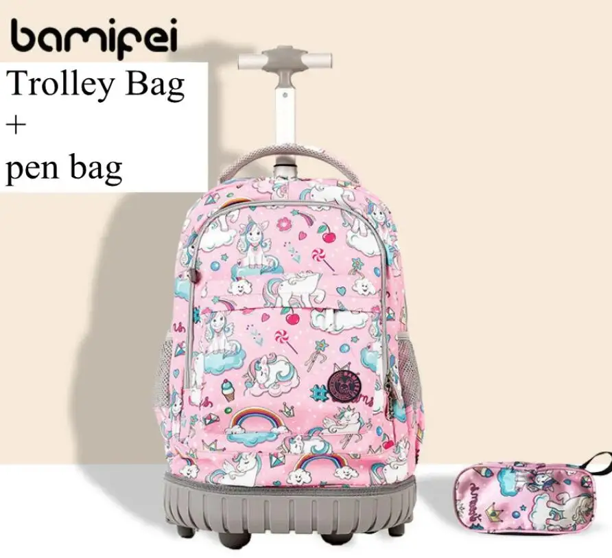 18 Inch School Trolley Bags Wheels Wheeled bookbag for teenager girls Wheeled Backpack Kids Rolling Luggage Backpack For Boys