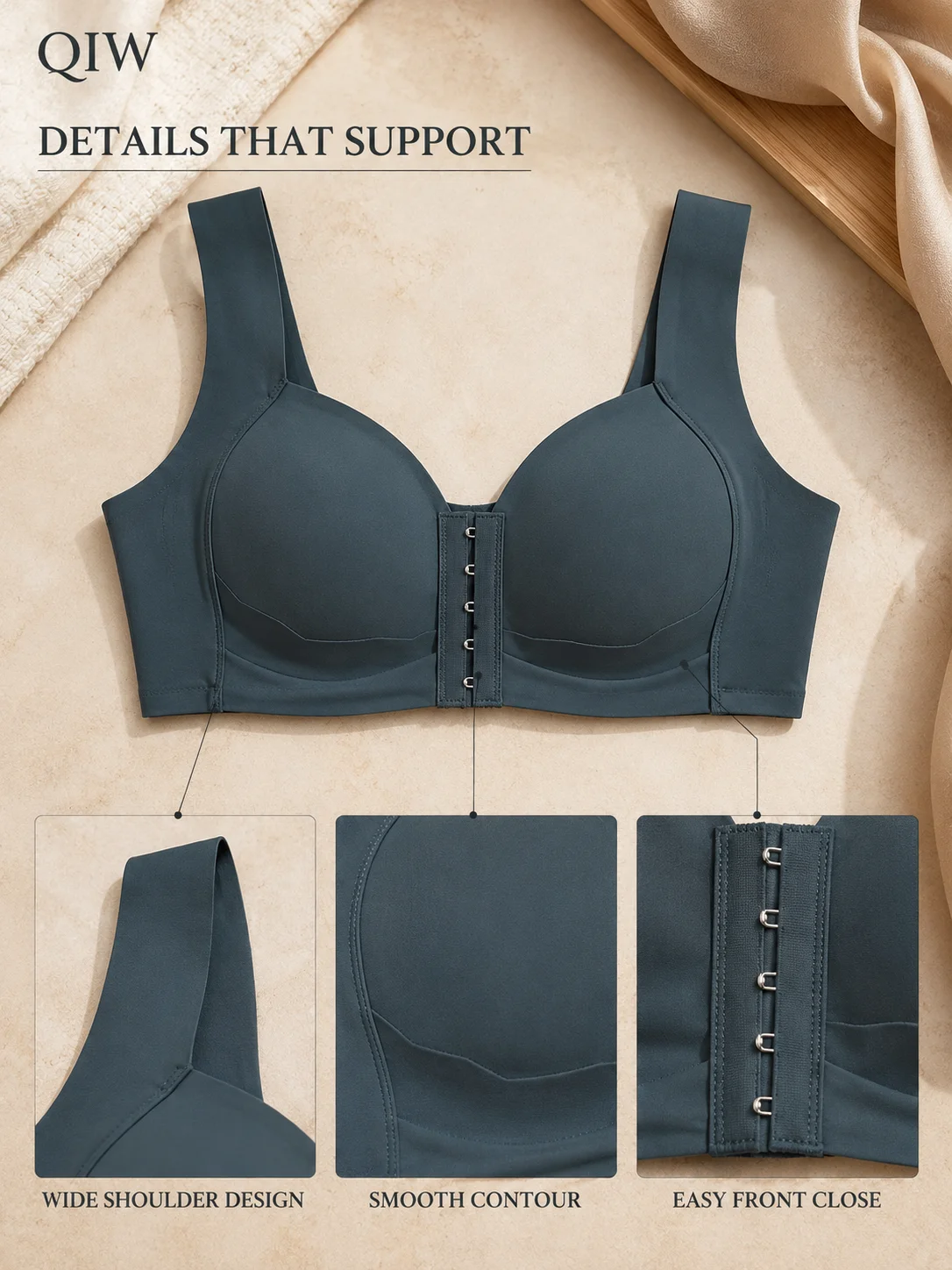 Women's Front Closure Bra Top, Shell Trim Wide Strap Camisole, Wirefree Non-removable Pads Basic Vest, Solid Crop Top