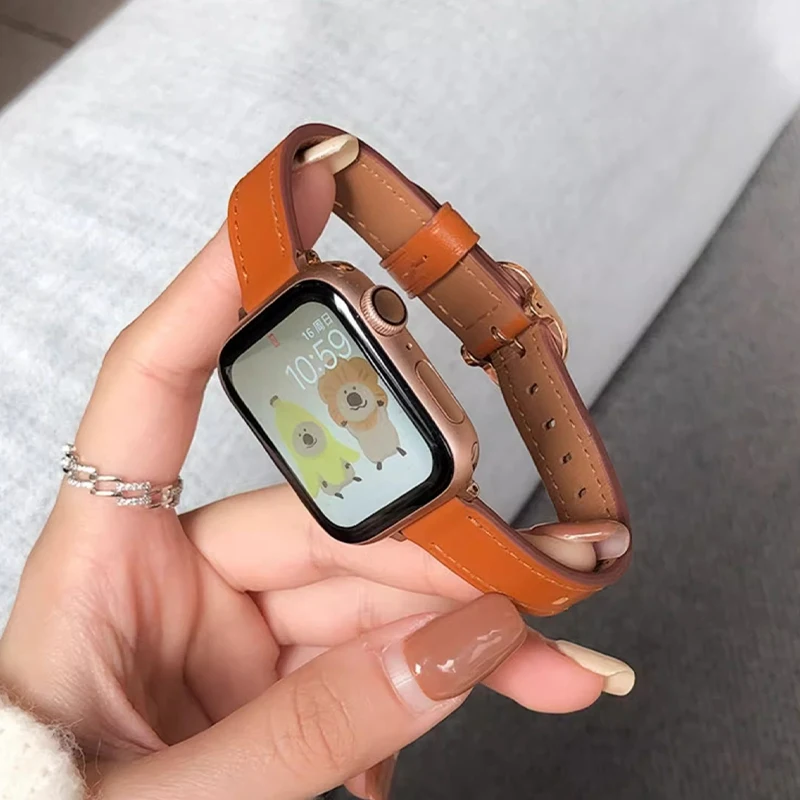 Slim Leather Strap For Apple Watch Band Ultra 49mm 44mm 42mm 38mm 41mm 45mm Women Bracelet for iWatch Series se 8 7 6 5 4 3 2 1