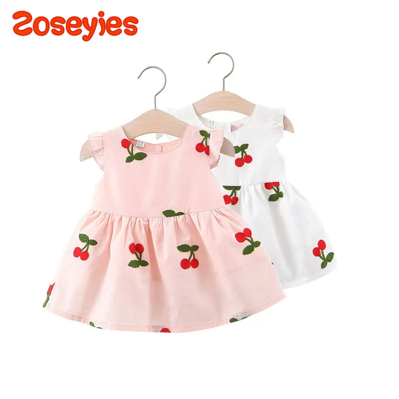 Summer Baby Girl\'s Dress Lovely Cherry Embroidery Small Flying Sleeves Knee-length Daily Solid Color Dress