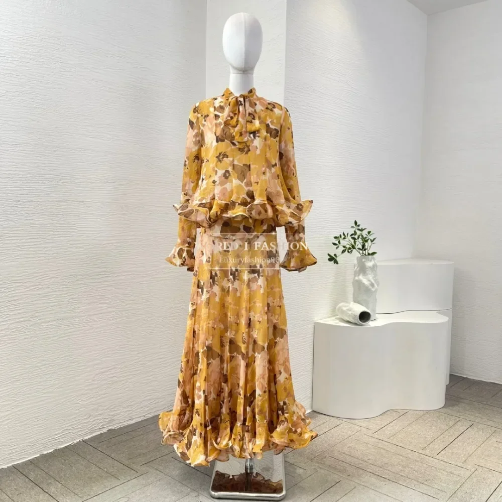 

High Quality Orange Brown Floral Print Bell Long Sleeve Ruffles Blouse Tops and Pleat Ruffles Midi Skirt Set
