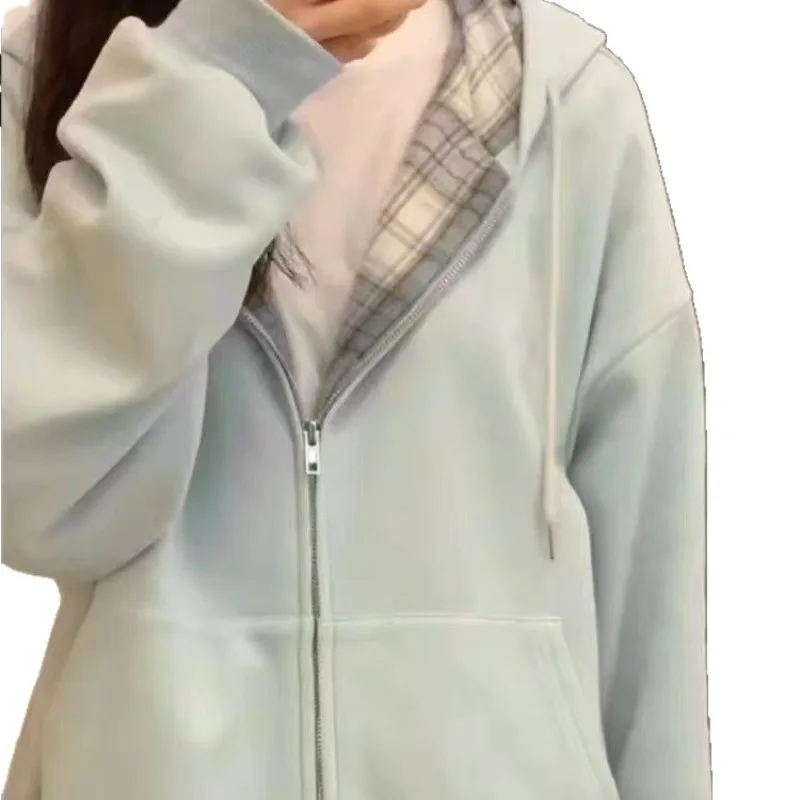 New Plaid Splicing Hooded Hoodie Spring and Autumn Dressing Up Collection Casual Fashion Versatile Laziness Zip Up Sweatshirts