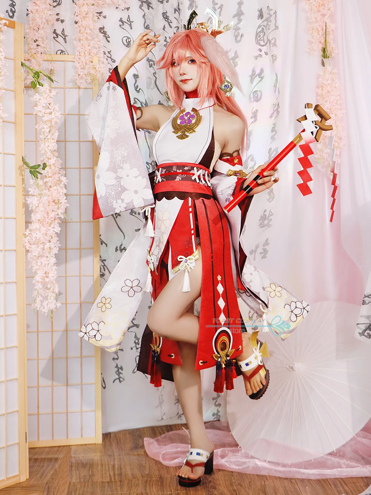 Yae Miko Cosplay Game Genshinimpact Yae Miko 3D Print Cosplay Kostuum Jurk Pruik Schoenen Anime Rollenspel Carnaval Party Kleding