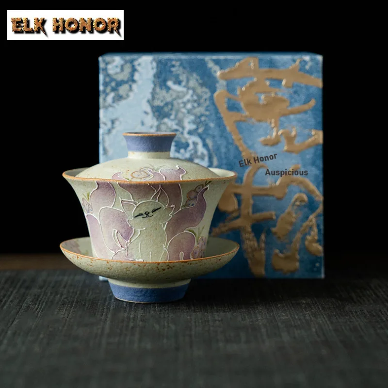 

115ml Pure Hand-painted Nine-tailed Fox Firestone Red Gaiwan Tea Tureen Tea Bowl With Lid Kit Tea Maker Cover Bowl Tea Services