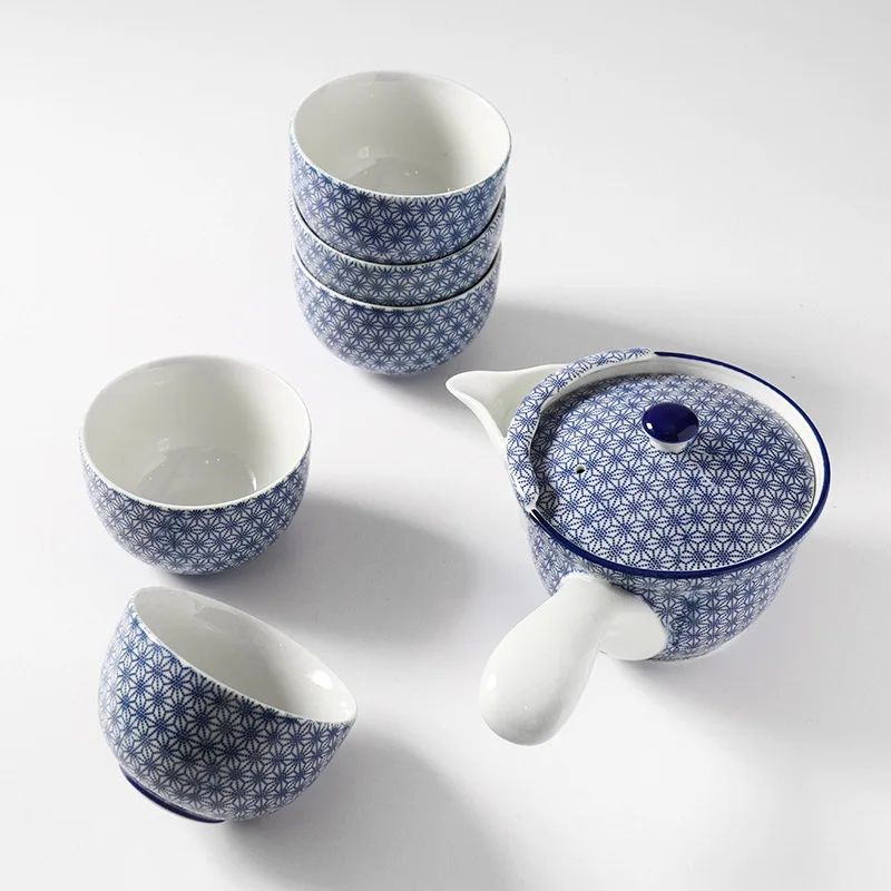 Japanese Imported Hasami Burning with Strainer Side Handle Teapot Ceramic Hemp Leaf Pattern Fried Tea Cup Kung Fu Tea Set