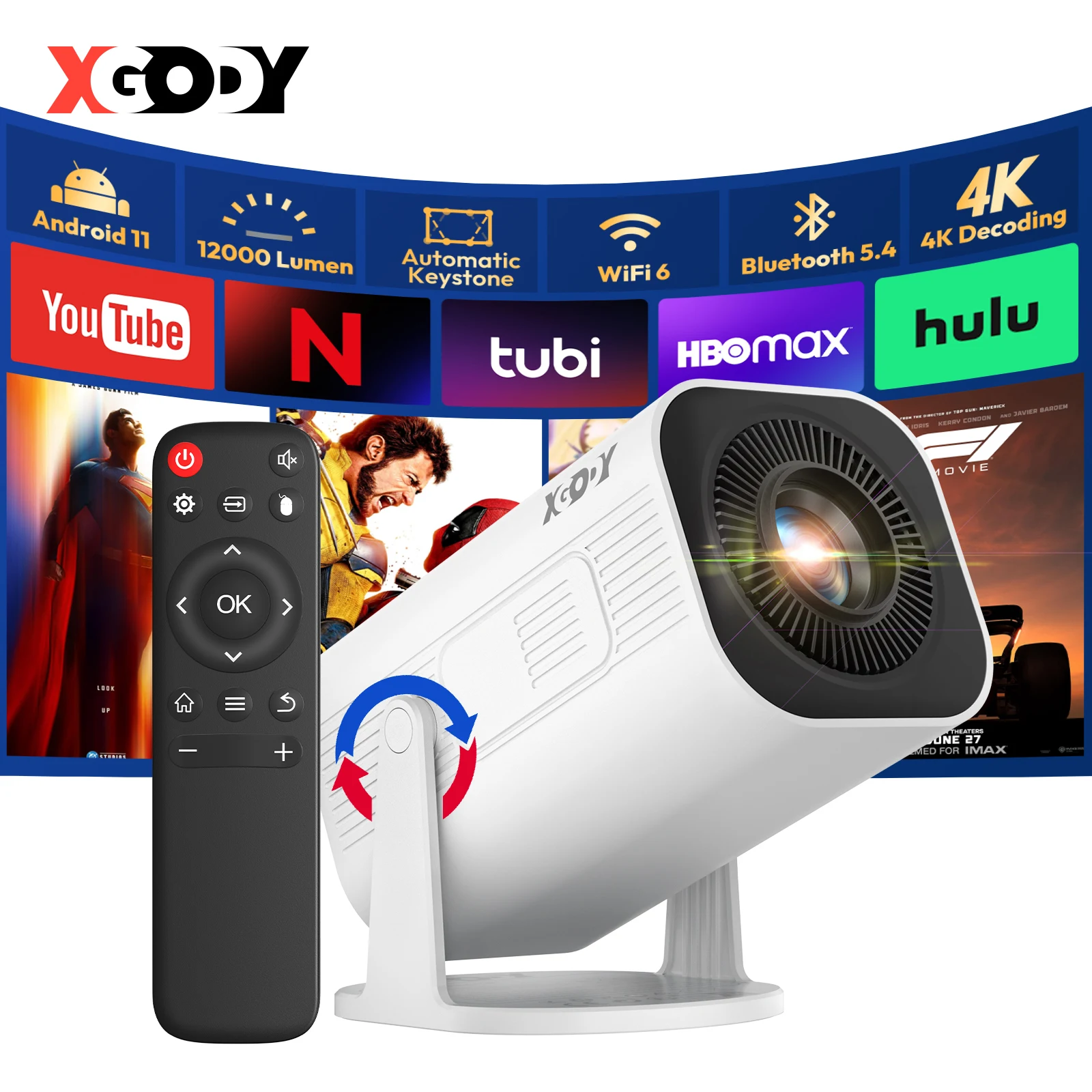 Projecteur LED XGODY 4K 1080p avec luminosité de 12 000 lumens, système de cinéma maison portable WiFi 6 Bluetooth 5.0 pour le divertissement