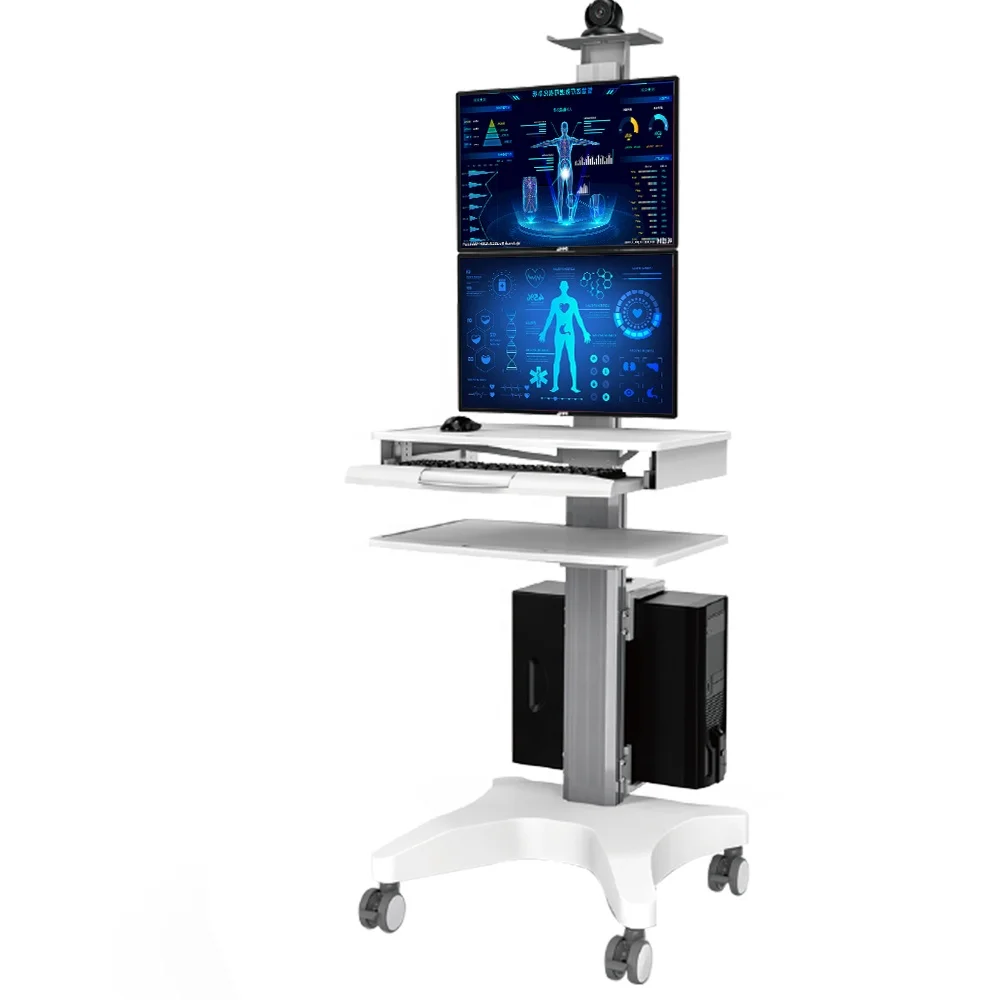 Modern Style Mobile Adjustable Hospital Medical Trolley Cart With 2 Monitor Mounts Office School Laboratory Clinic Workstation
