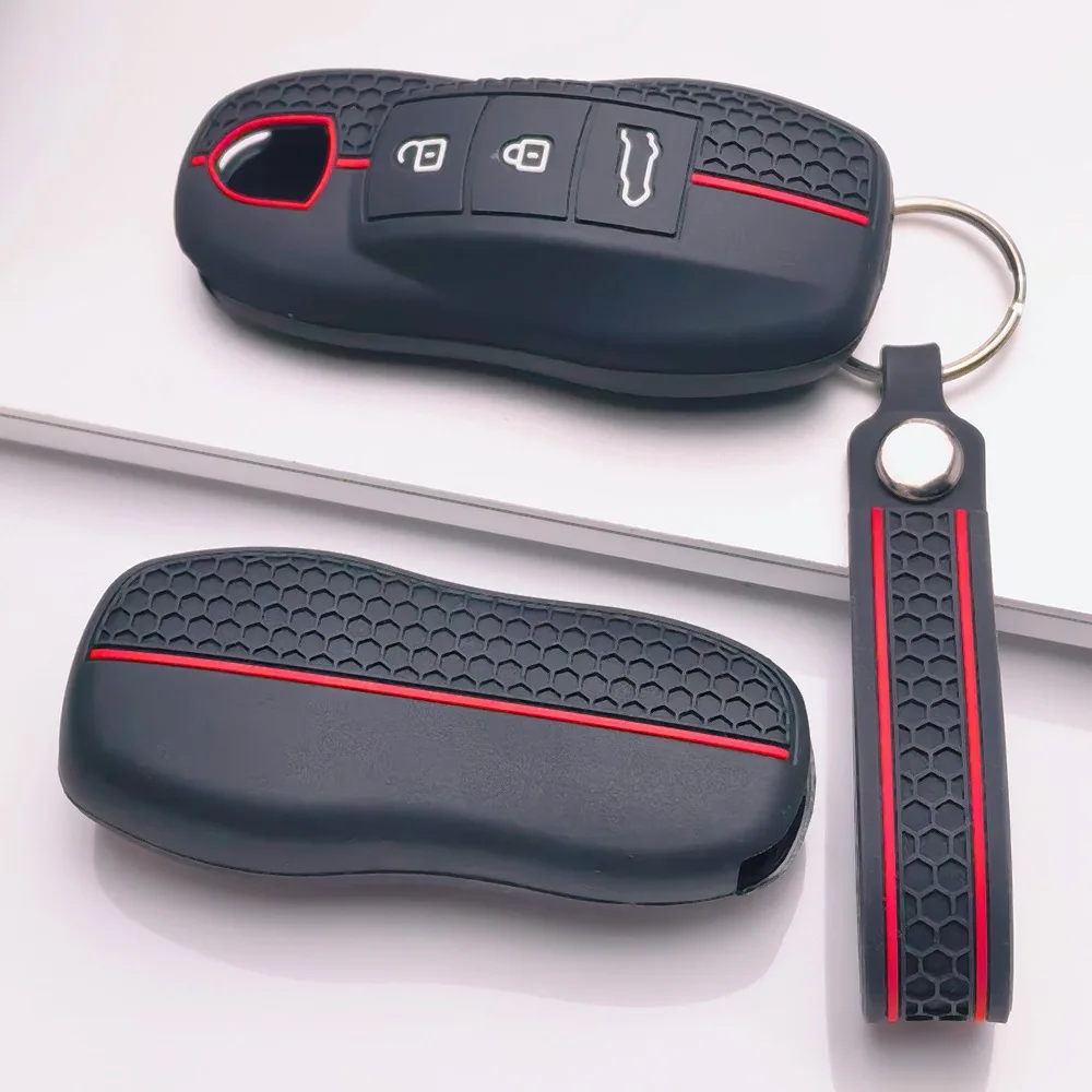 Key Fob Cover for Porsche Cayenne Macan Panamera Boxster 911 Cayman Taycan 718 with Keychain Anti-Scratch Shockproof Soft Grip