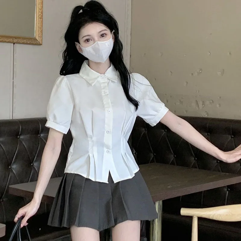 Dames Zomer Wit Cropped Shirts College Stijl Turndown Kraag Korte Mouw Blouse Dame Koreaanse Stijl Plooien Slim Fit Crop Tops