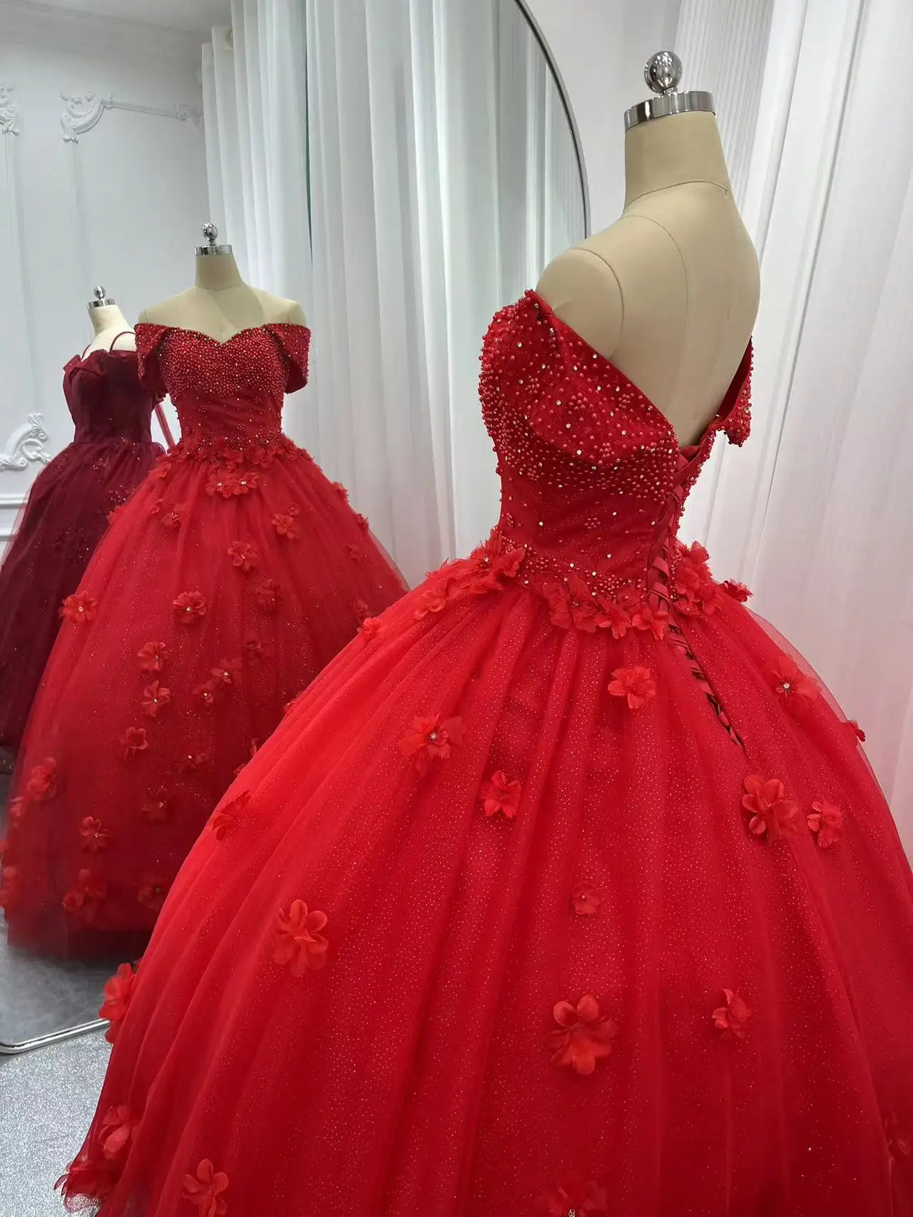 

Ashely Alsa Luxury Real Picture Red Quinceanera Dresses Sweet 16 Girl Pearls Lace Up Vestido De 15 Anos Birthday Party Gown 2024