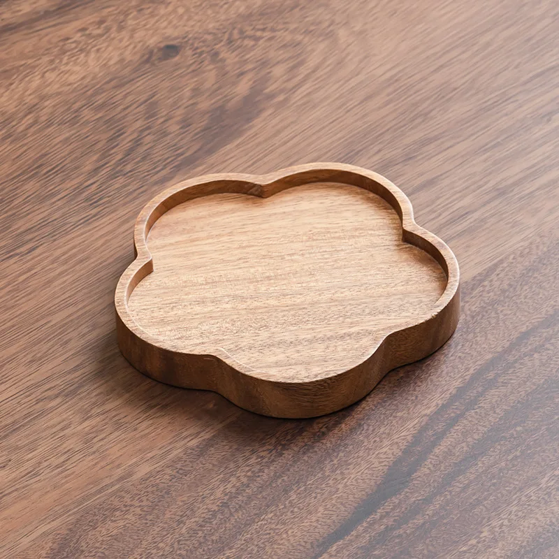 HeMu Wood Tea Tray with Floral Edge,Retro Wooden Serving Platter,Multi-purpose Decor Tray for Tea Cup,Dessert,Tabletop Display