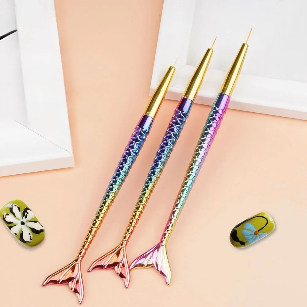 3Pcs Mermaid Nail Art Liner Brushes Set 7mm/11mm Professional Gel Polish Painting Tools for Detailed Nail Art and Blending