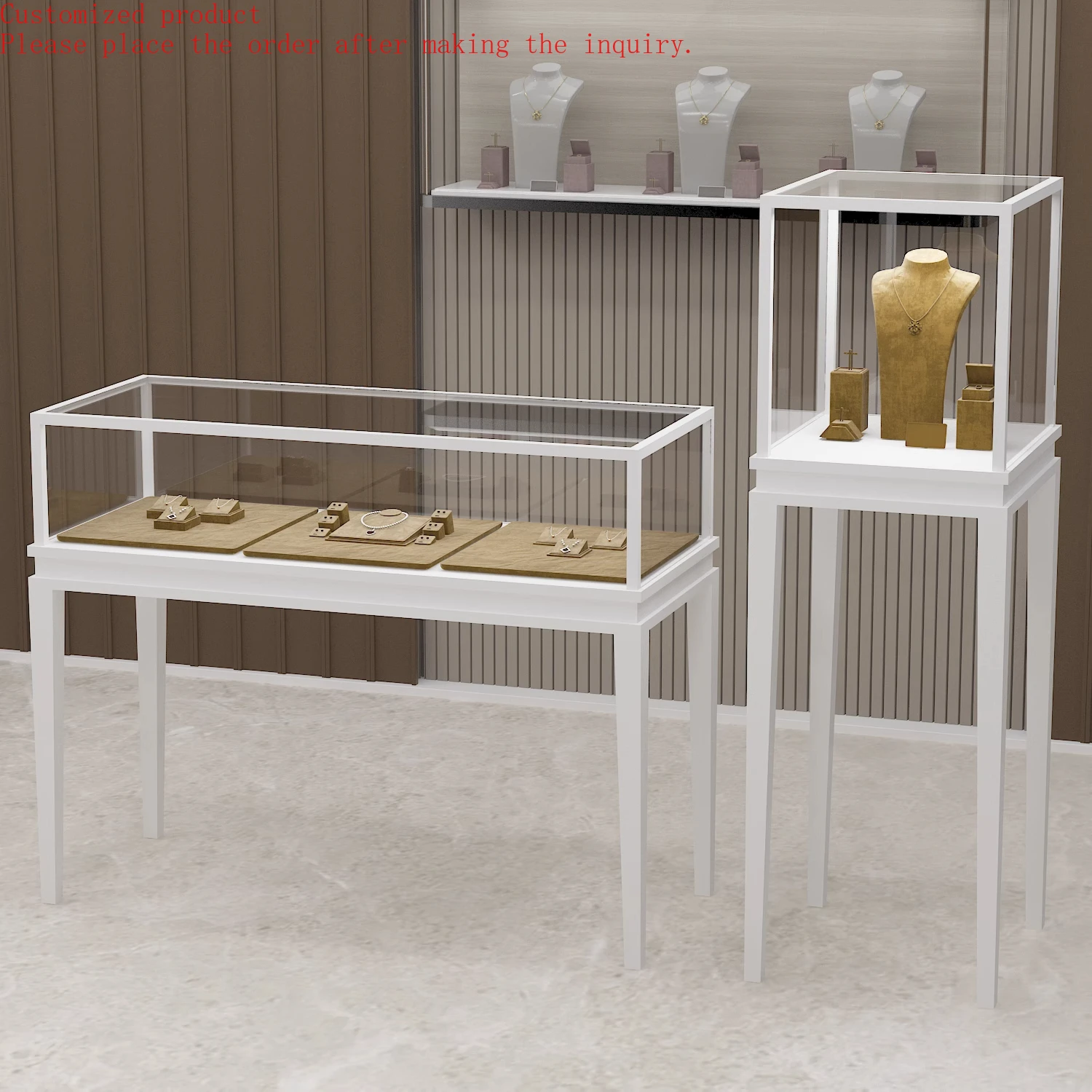 

Custom.Customizable Stainless Steel Showcase Display Cabinet LED for Retail Store Silver Jewelry Diamond Antique Gold Glass Coun