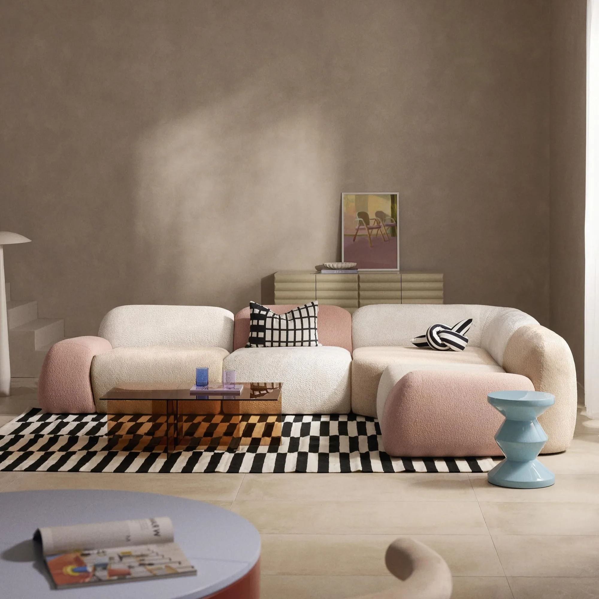 *Curved Modular Sectional Sofa(4-Seater) - Pastel Color Block Bouclé Upholstered Living Room Sofa