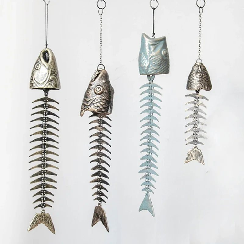 Vintage Fishbone Wind Chimes Cast Iron Fish Skeleton Windchime Patio Garden Decor for Home Window Porch Hanging Ornaments