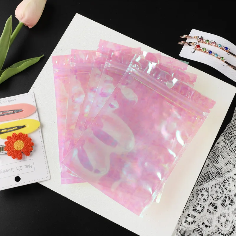 20-50pcs Sealing Opp Bags Holographic Pink Aluminum Foil Pouch Resealable Ziplock Bag for Jewelry Retail Hang Display Packaging