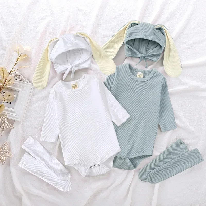 Spring 0-24M Newborn 3Pcs Bodysuit+Hat+Leg Warmers Sets 2026 Baby Boys Girls Bunny Ear Hat Pom-pom Decor Comfortable Clothes