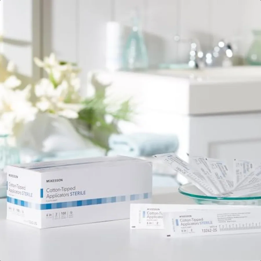 أداة تطبيق McKon ذات أطراف قطنية 6 بوصات [200 عدد] مسحات طبية معقمة طويلة ملفوفة بشكل فردي عمود بلاستيكي
