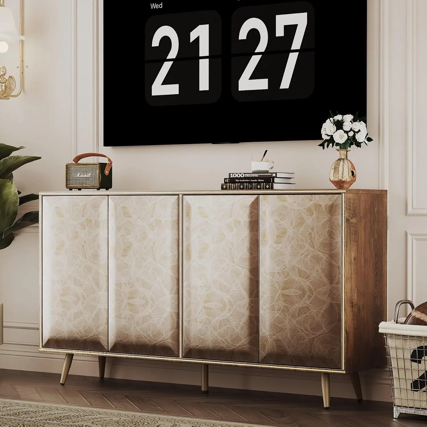 Sideboard Buffet Cabinet Raised Geometric Texture Door Panel Accent Storage Living Room Oak 4 Door 15D x 61W x 34.5H, Customized