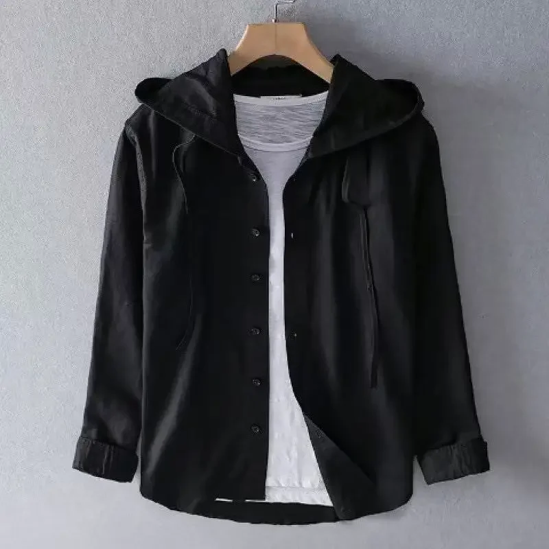 

2025 Spring and Summer New Men's Hooded Linen Shirt Solid Color Thin Style Loose Fashion Casual Sports Cotton Linen Shirt