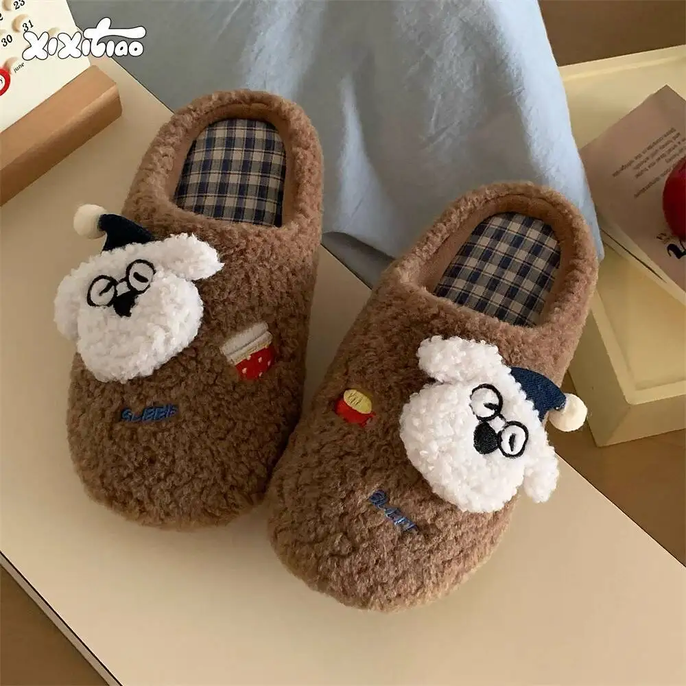 

Unisex Home Slippers 2025 Autumn Winter Couple's Cute Dog Men's & Women's Non Slip Warm Plush Indoor Household Slippers