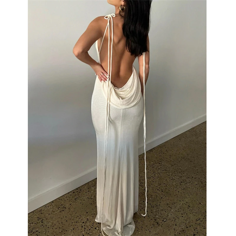 Women Sleeveless Long Bodycon White Maxi Dresses Sexy Elegant Backless Halter Solid Color Cocktail Party Dress Summer Vestidos