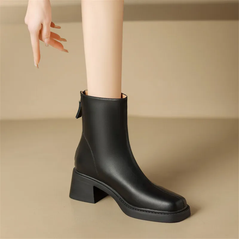 New Autumn Winter Split Leather Women Shoes Fashion Round Toe Short Boots for Women Chunky Heels Boots Zapatos Mujer High Heels