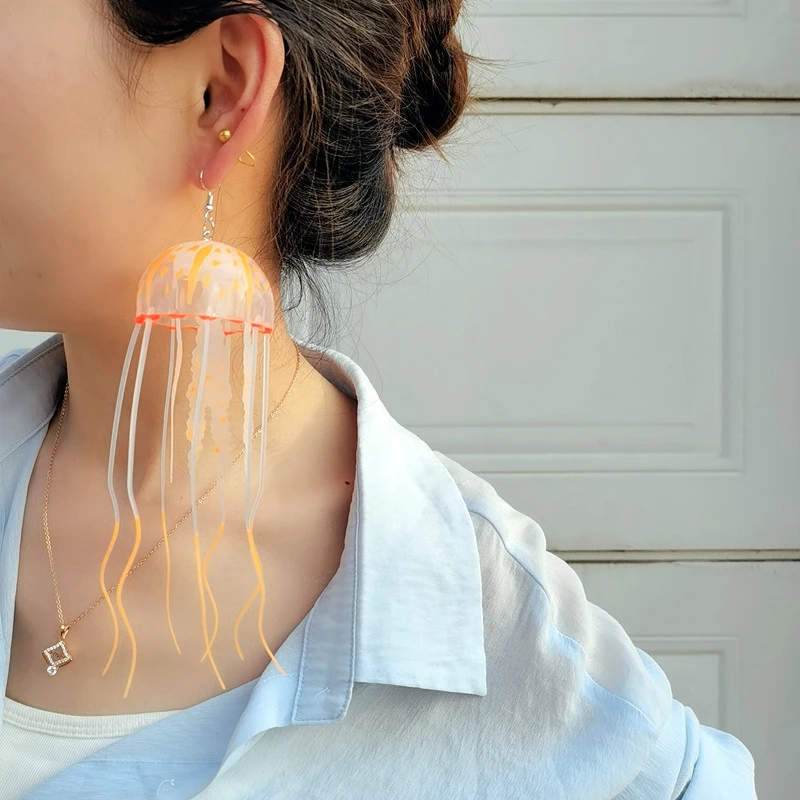 Creative Fluorescent Jellyfish Earrings Exaggerated Tassel Lifelike Colored Jellyfish Personalized Earrings Women's Jewelry Gift