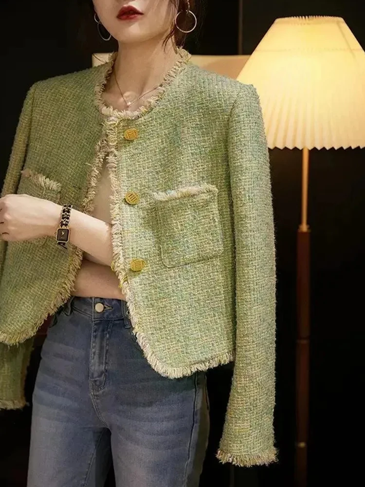 Zoki Chic Tassel Green Tweed Jackets Women Elegant Long Sleeve Korean Casual Short Coat Fashion High Quality Sweet Outwear Tops